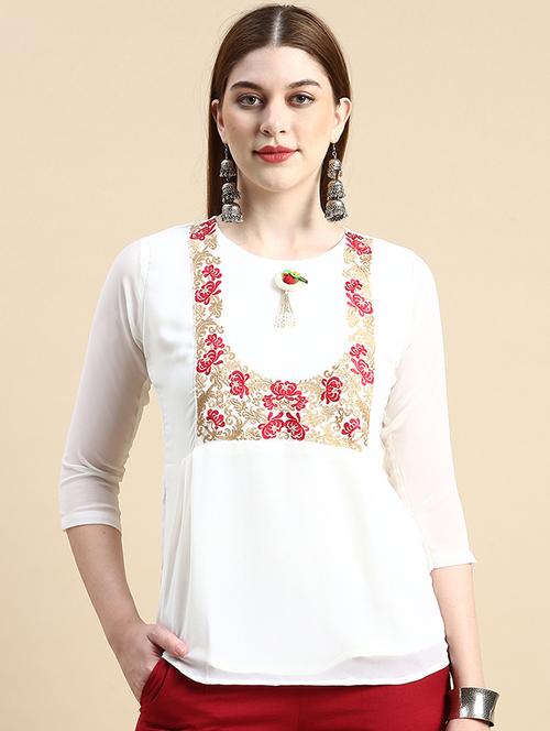 women white embroidered round neck top - 21570479 - Very Small Image - 1