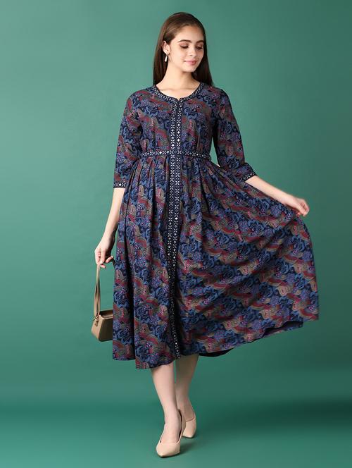 women printed round neck empire line ethnic dress - 21570661 - Very Small Image - 1