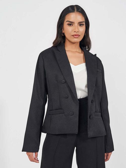 women black solid double breasted blazer - 21571531 - Very Small Image - 1