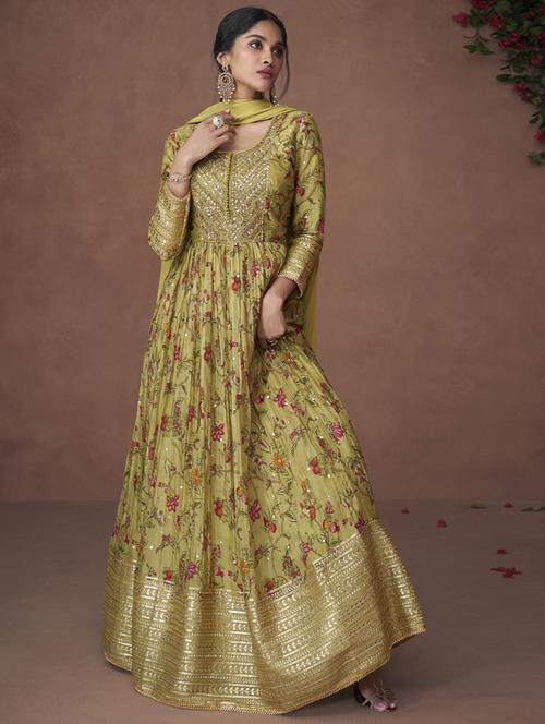 women olive floral printed anarkali kurta - 21571958 - Very Small Image - 1