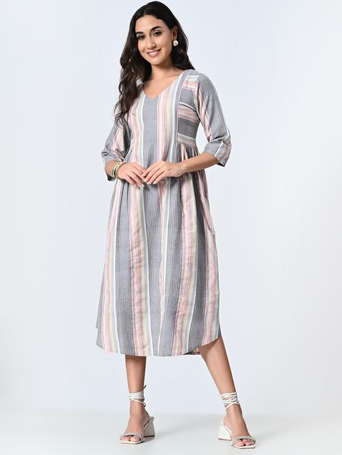 women grey stripes a-line dress - 21571972 - Very Small Image - 1