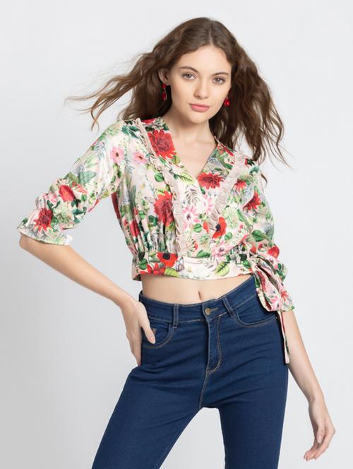 women beige floral printed crop top - 21573001 - Very Small Image - 1
