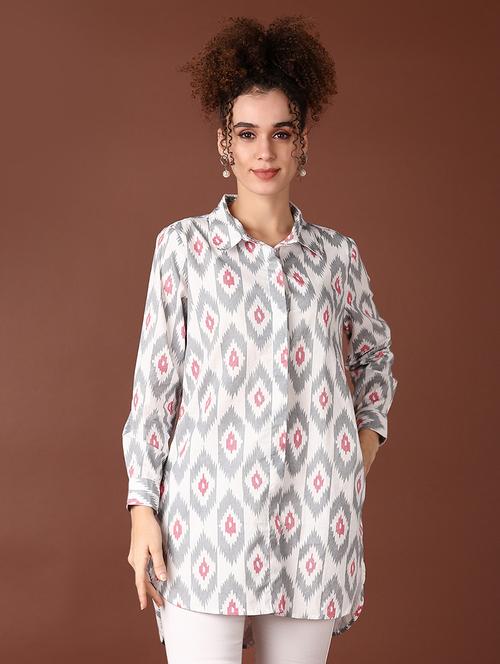 women grey printed long sleeve high-low kurti - 21573125 - Very Small Image - 1