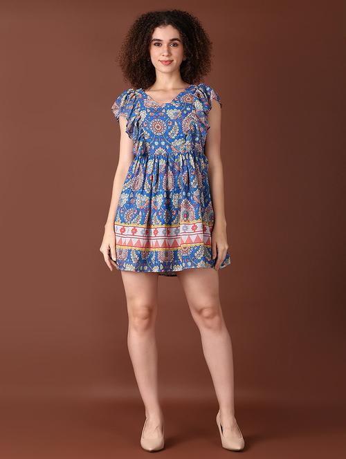women bllue printed short sleeve fit & flare dress - 21573132 - Very Small Image - 1