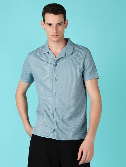 men light blue solid cuban collar casual shirt - 21573260 - Very Small Image - 1