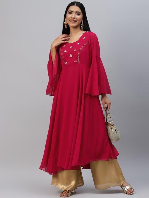 women pink bell sleeve flared kurta - 21574680 - Very Small Image - 1