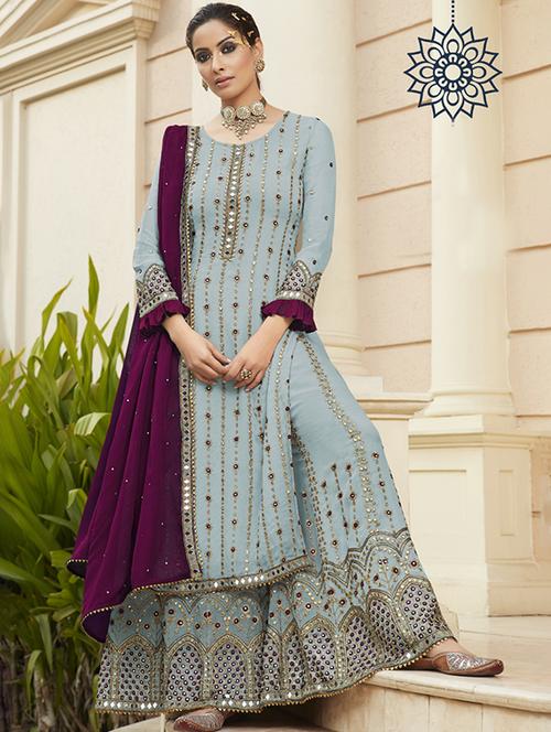 women mirror work unstitched suit set - 21576970 - Very Small Image - 1