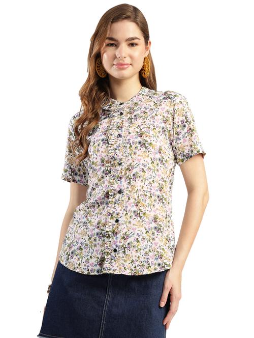 women floral printed mandarin neck short sleeves shirt - 21577236 - Very Small Image - 1