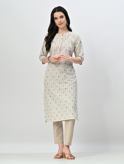 women beige three quarter sleeve kurta pant set - 21578648 - Very Small Image - 1