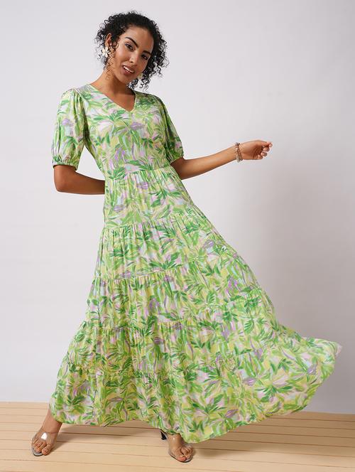 globus women multi color v-neck puff sleeves tropical print gathered smocked tiered fit & flare maxi dress - 21579927 - Very Small Image - 1