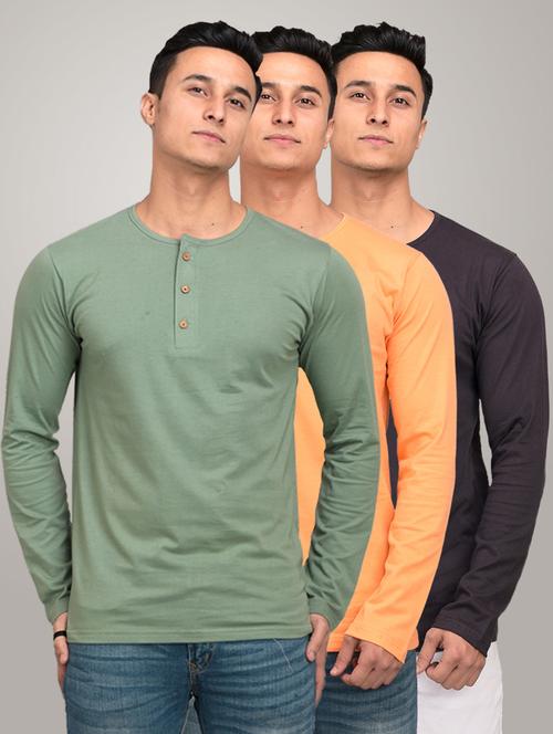pack of 3 men's slim fit plain long sleeve henley neck t-shirts - 21582043 - Very Small Image - 1