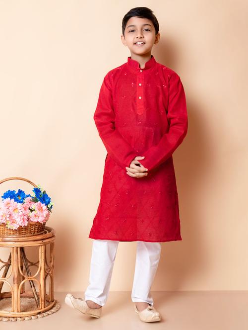 boys embroidered mandarin neck kurta pyjama set - 21585434 - Very Small Image - 1