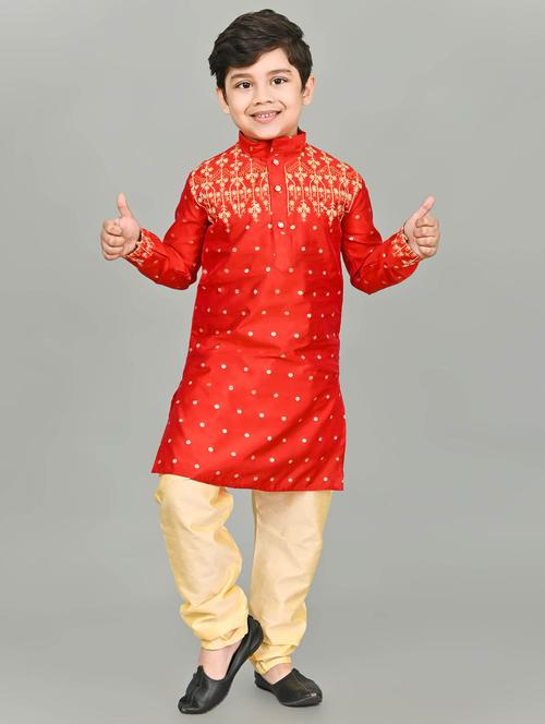 boys embroidered mandarin neck kurta pyjama set - 21585455 - Very Small Image - 1