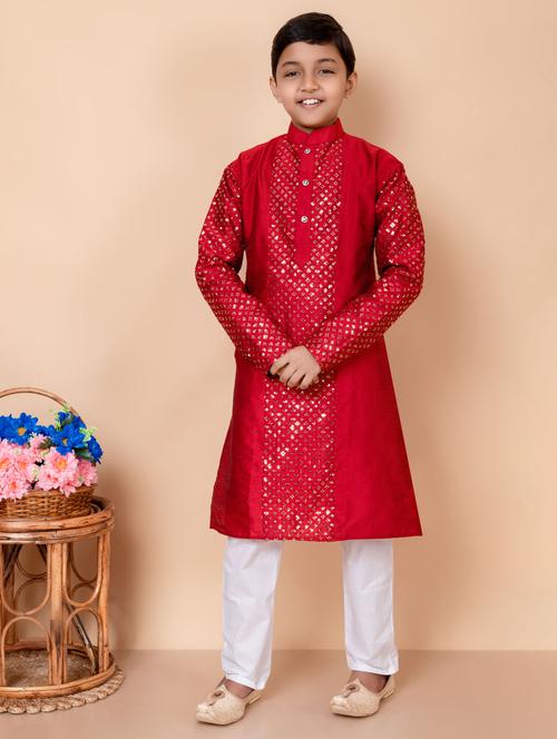 boys sequins work mandarin neck kurta pyjama set - 21585462 - Very Small Image - 1
