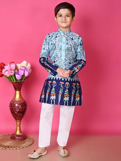 boys printed long sleeves kurta set - 21585518 - Very Small Image - 1
