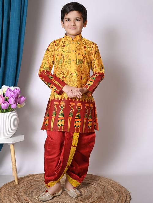 boys printed long sleeves dhoti kurta set - 21585529 - Very Small Image - 1