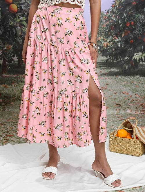 women pink floral printed tiered skirt - 21596618 - Very Small Image - 1