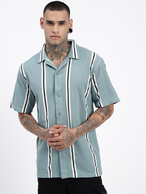men loose fit striped cuban collar casual shirt - 21597513 - Very Small Image - 1
