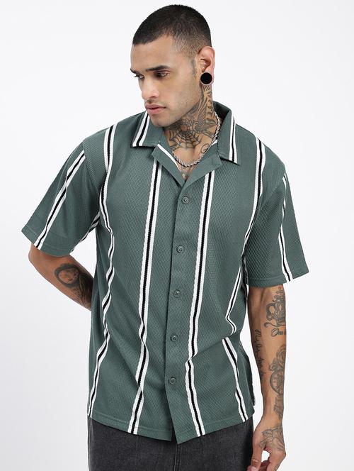 men loose fit striped cuban collar casual shirt - 21597514 - Very Small Image - 1