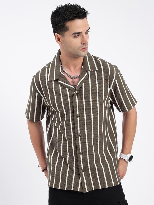 men loose fit striped cuban collar casual shirt - 21597527 - Very Small Image - 1