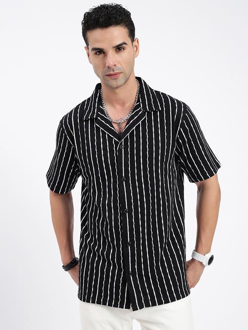 men loose fit striped cuban collar casual shirt - 21597541 - Very Small Image - 1