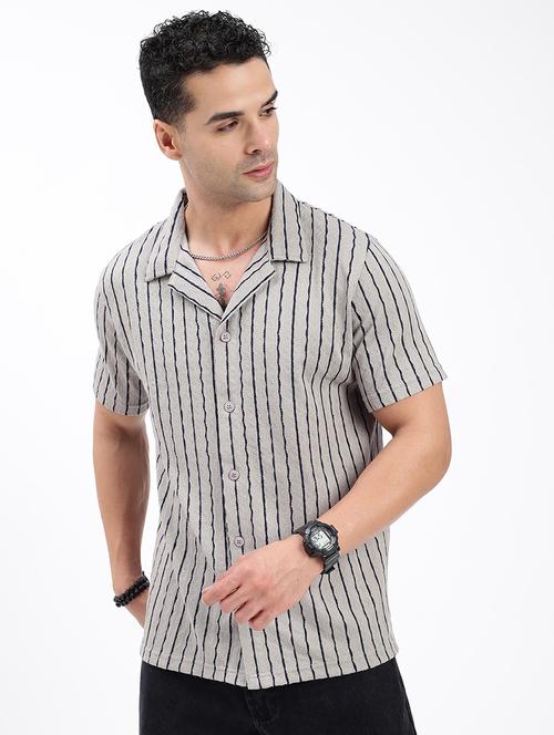 men loose fit striped cuban collar casual shirt - 21597542 - Very Small Image - 1