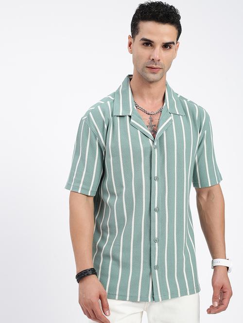 men loose fit striped cuban collar casual shirt - 21597543 - Very Small Image - 1