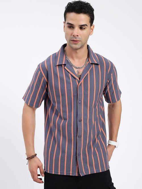 men loose fit striped cuban collar casual shirt - 21597546 - Very Small Image - 1