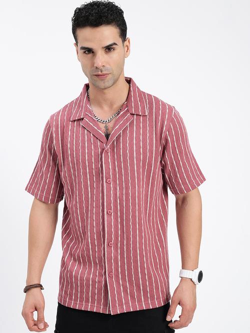 men loose fit striped cuban collar casual shirt - 21597548 - Very Small Image - 1