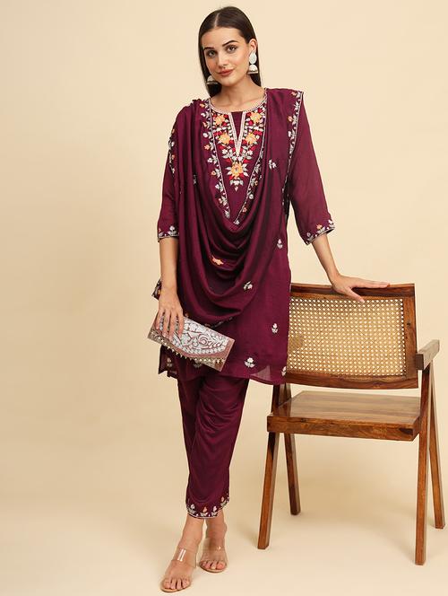 women embroidered three quarter sleeve suit set - 21597717 - Very Small Image - 1