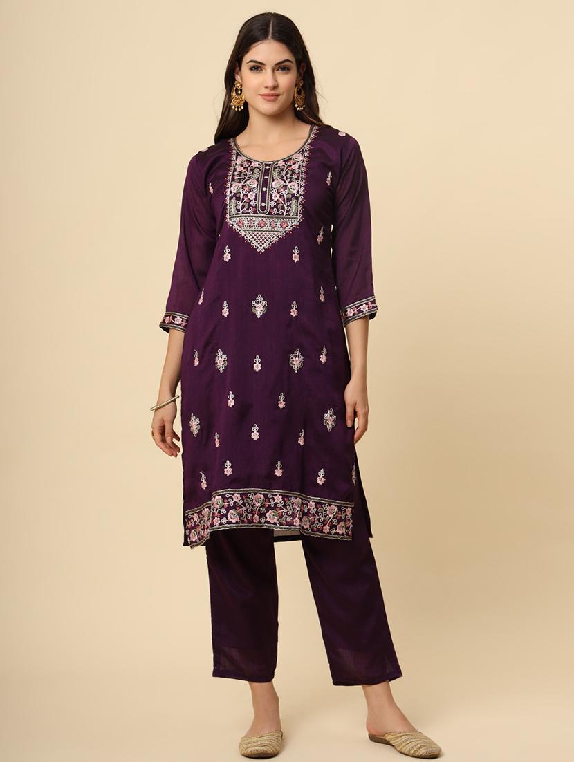 women embroidered three quarter sleeve suit set - 21597757 - Zoom Image - 2
