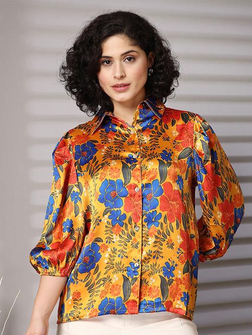 women mustard floral printed regular top - 21597842 - Very Small Image - 1