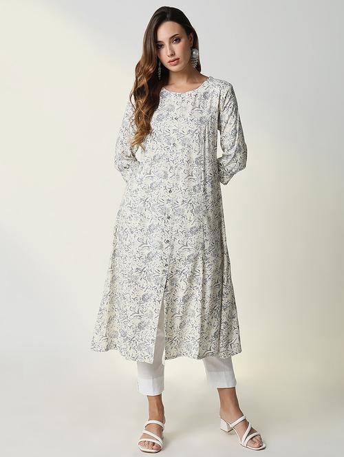women cream floral printed  three quarter sleeve a-line kurta - 21598059 - Very Small Image - 1