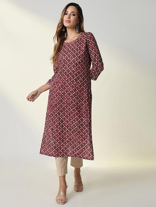 women maroon printed three quarter sleeve straight kurta - 21598066 - Very Small Image - 1