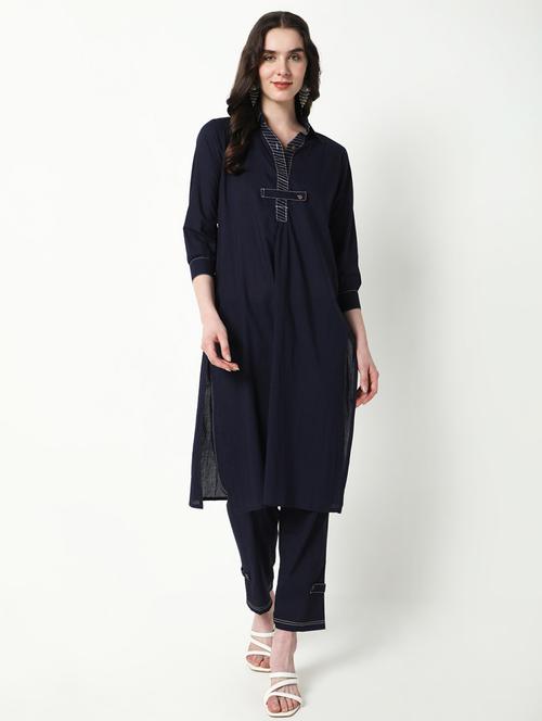 women navy blue solid kurta pant set - 21598117 - Very Small Image - 1