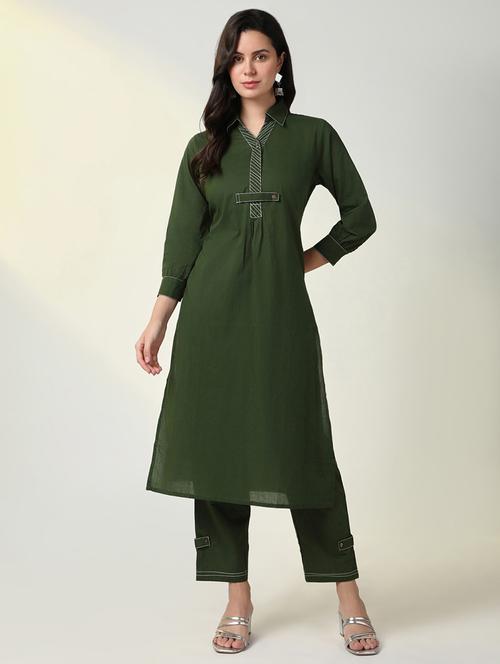 women solid shirt collar neck kurta pant set - 21598118 - Very Small Image - 1