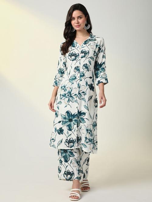 women floral printed shirt collar neck kurta pant set - 21598126 - Very Small Image - 1