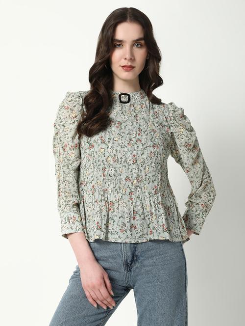 women floral print mock neck a-line top - 21598197 - Very Small Image - 1