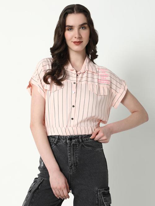 women peach stripes short sleeve shirt top - 21598209 - Very Small Image - 1