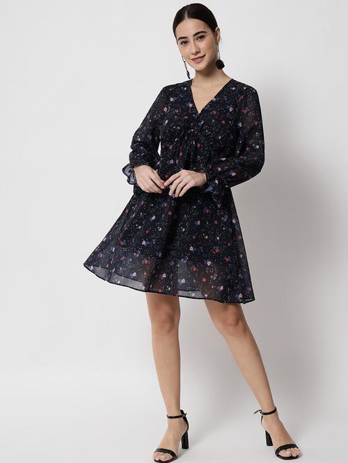 women black floral printed fit & flare dress - 21598462 - Very Small Image - 1