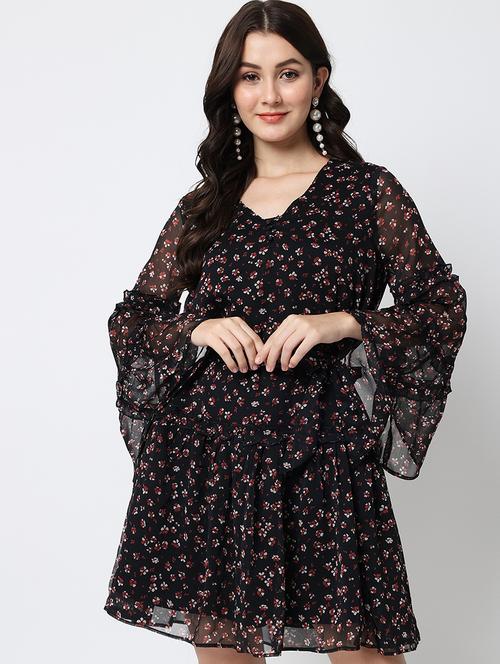 women black floral printed fit & flare dress - 21598479 - Very Small Image - 1