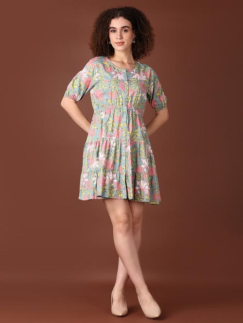 women purist blue printed short sleeve tiered dress - 21599080 - Very Small Image - 1