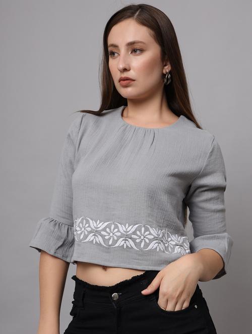 women grey round neck crop top - 21599947 - Very Small Image - 1