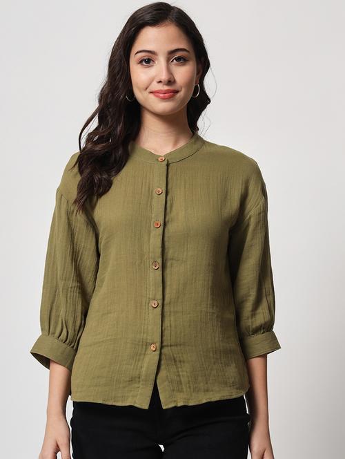 women olive solid mandarin neck shirt - 21599954 - Very Small Image - 1