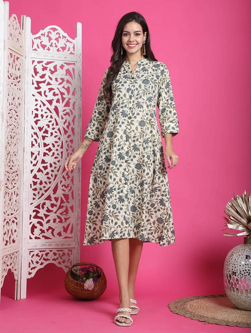 women beige floral printed a-line dress - 21600616 - Very Small Image - 1