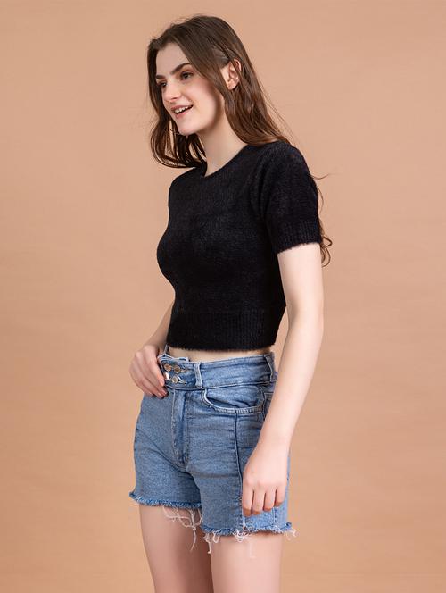 women solid short sleeve crop top - 21600757 - Very Small Image - 1
