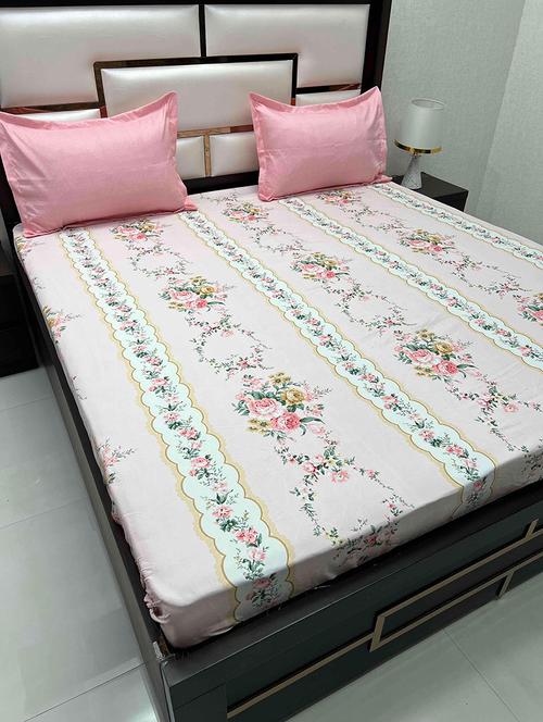 printed tc fitted king-sized bedsheet with 2 pillow covers - 21602084 - Very Small Image - 1