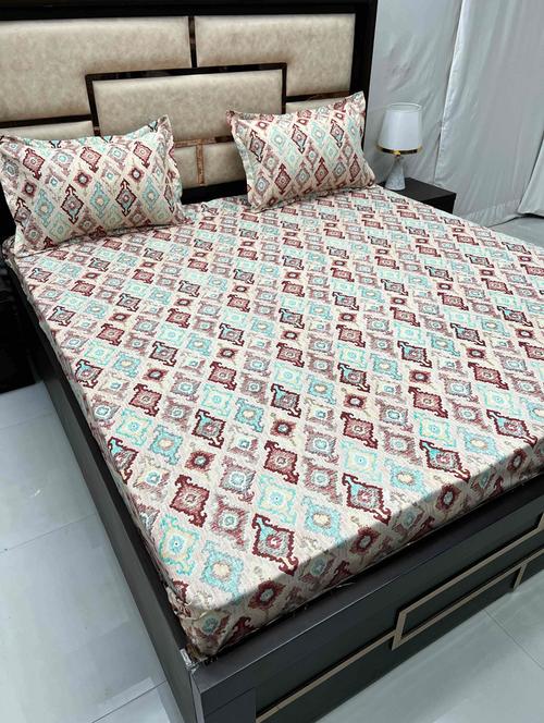 printed tc fitted king-sized bedsheet with 2 pillow covers - 21605223 - Very Small Image - 1