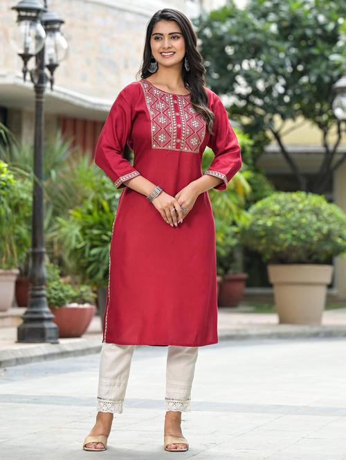 women embroidered three quarter sleeves straight kurta - 21606771 - Very Small Image - 1