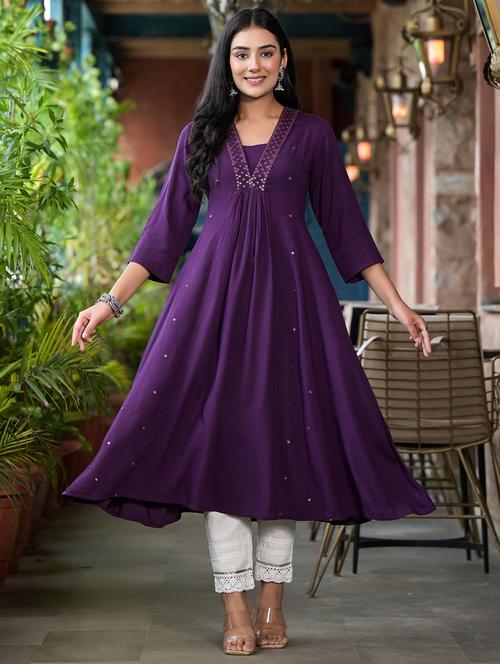 women mirror work three quarter sleeves a-line kurta - 21606780 - Very Small Image - 1